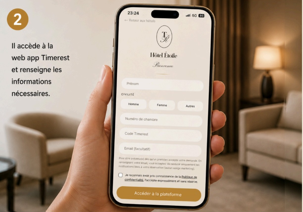 Formulaire d'accès de la web app Timerest sur smartphone