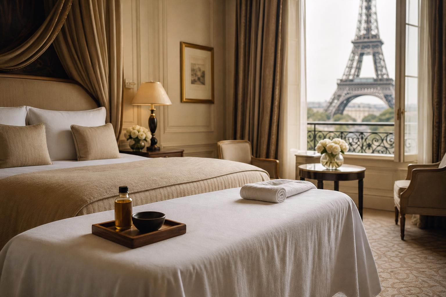 Table de massage installée dans une suite d'hôtel parisienne à la lumière dorée
