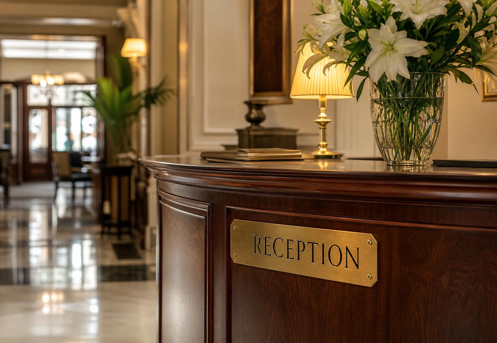 Comptoir de conciergerie d'un hôtel en marbre crème et laiton
