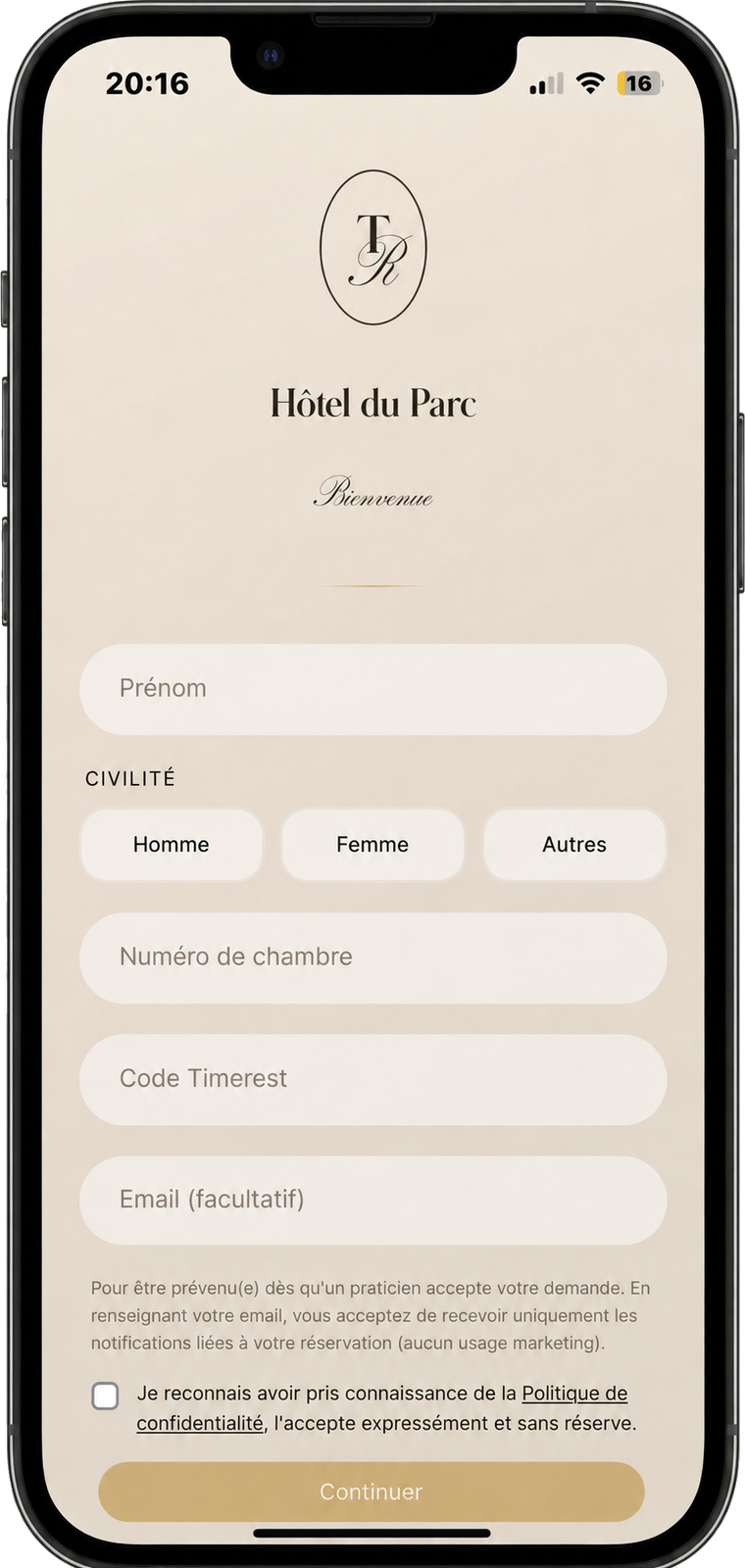 Formulaire d'accès de la web app Timerest sur smartphone
