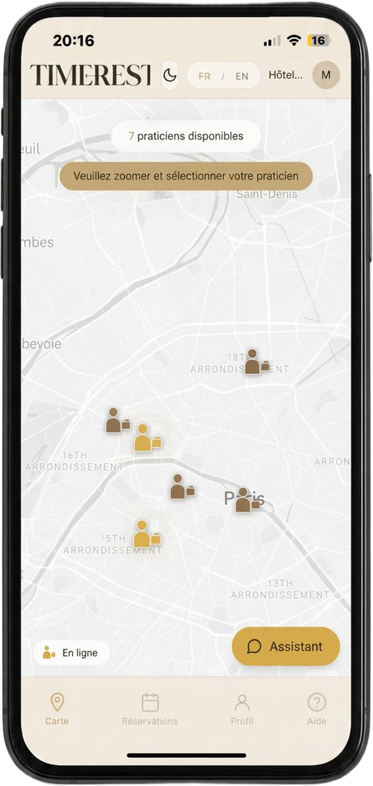 Carte des praticiens disponibles et fiche praticienne dans l'app Timerest