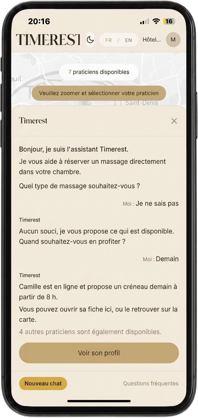 Assistant Timerest proposant un praticien adapté sur smartphone