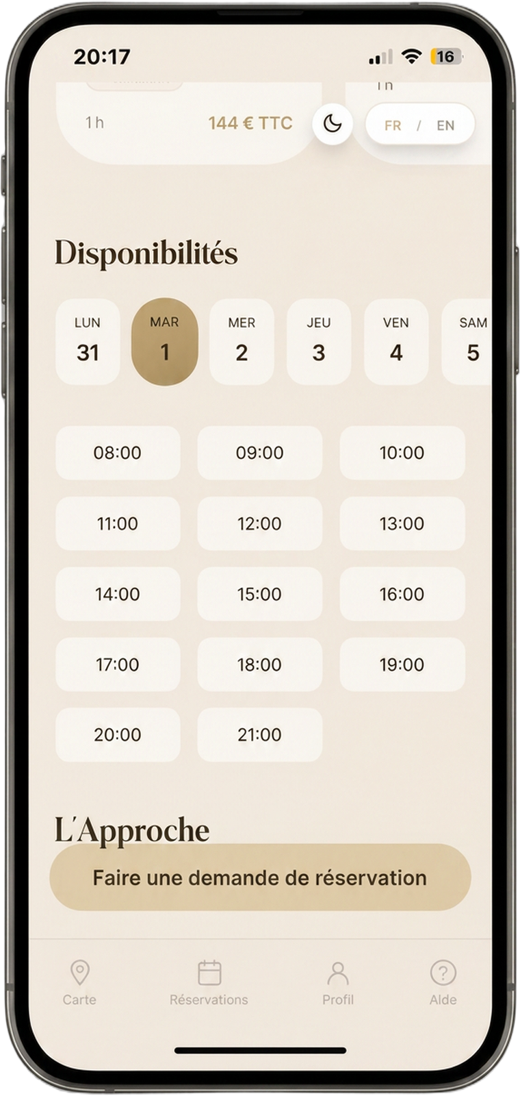 Sélection d'une prestation et d'un créneau horaire dans l'app Timerest